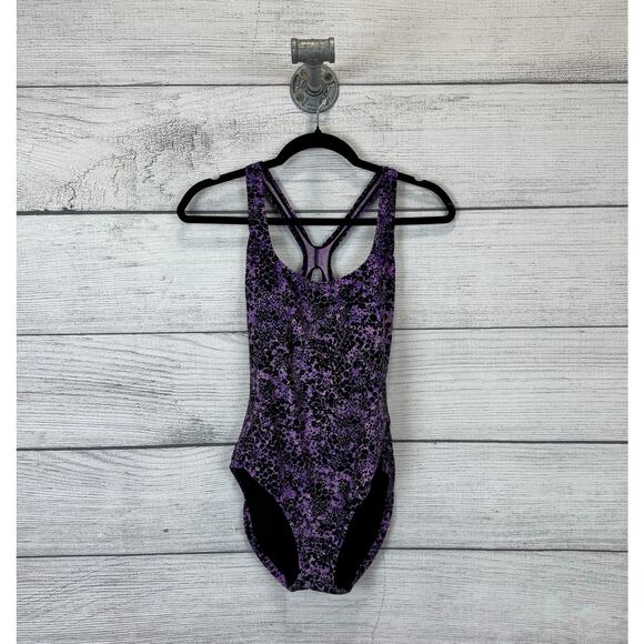 Speedo Women's Purple & Black Racerback Cutout Back One Piece Swimsuit Size 12 - Picture 1 of 8